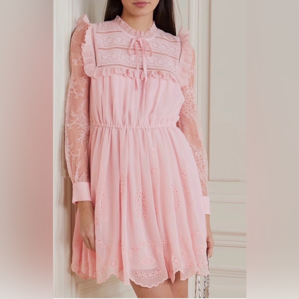 Self-Portrait Embroidered Chiffon Pink Lace Mini Dress